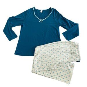 Adonna pajama set teal top and white fleece pants XL New